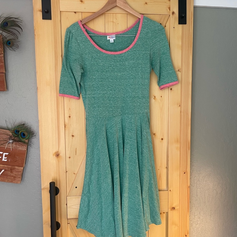 Green Knit Fit-and-Flare Dress with Pink Trim